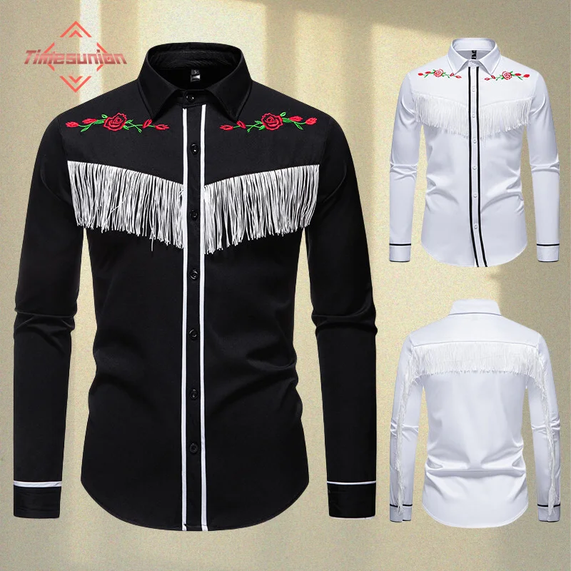 Cosplay Retro Tassels Shirts for Men Costume Movie Barbei Western  Embroidered Denim Shirt Coat Men Roleplay Fantasy Halloween