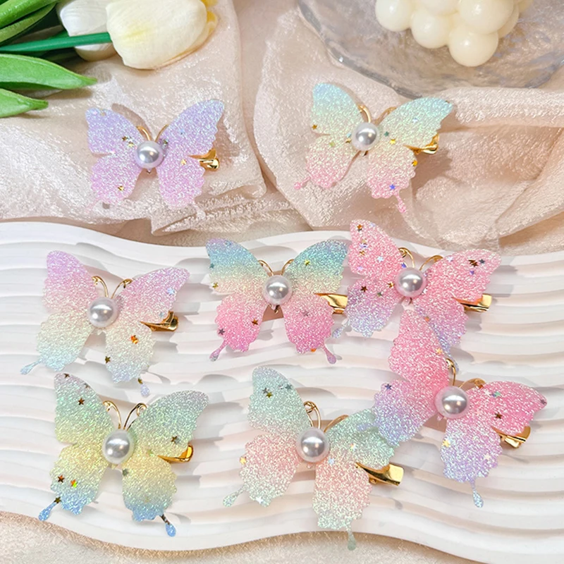 Pearl Colorful Butterfly Hairpin Girls Hair Accessories Coiled Hair Gradient Hair Clips Exquisite Headwear Hair Decoration Gift