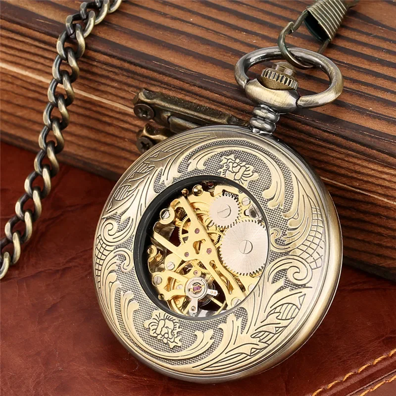 Antique Hollow Out Flower Case Men Women Handwinding Mechanical Pocket Watch Roman Number Skeleton Clock with Pendant Chain