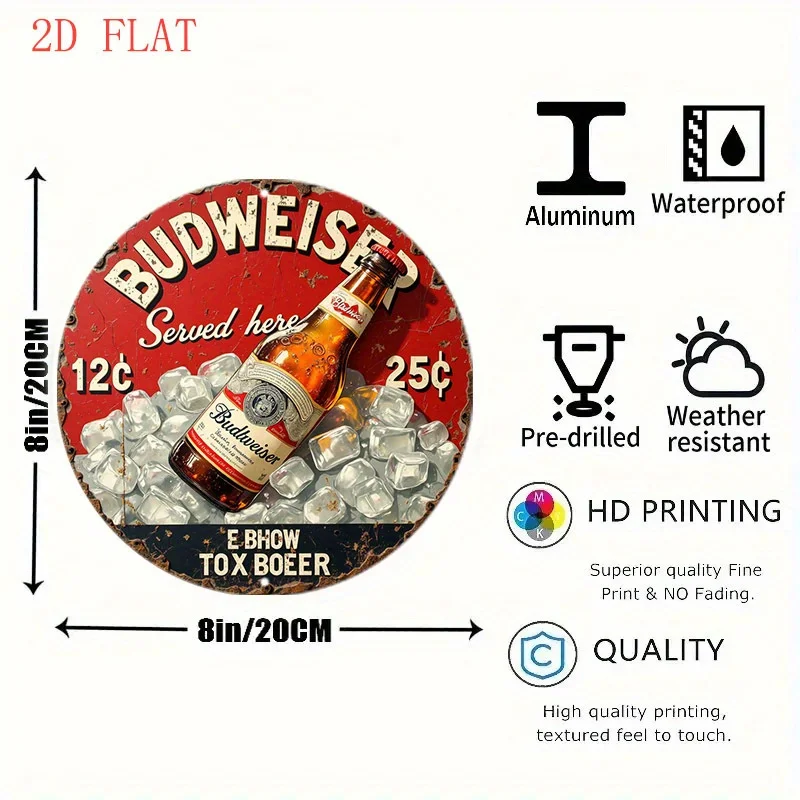 1 قطعة علامة حائط معدنية بشعار البيرة العتيقة - شعار ريترو مستدير 8 بوصة وتصميم مميز مع علامة تجارية مميزة باللون الأحمر والذهبي - / شريط خارجي