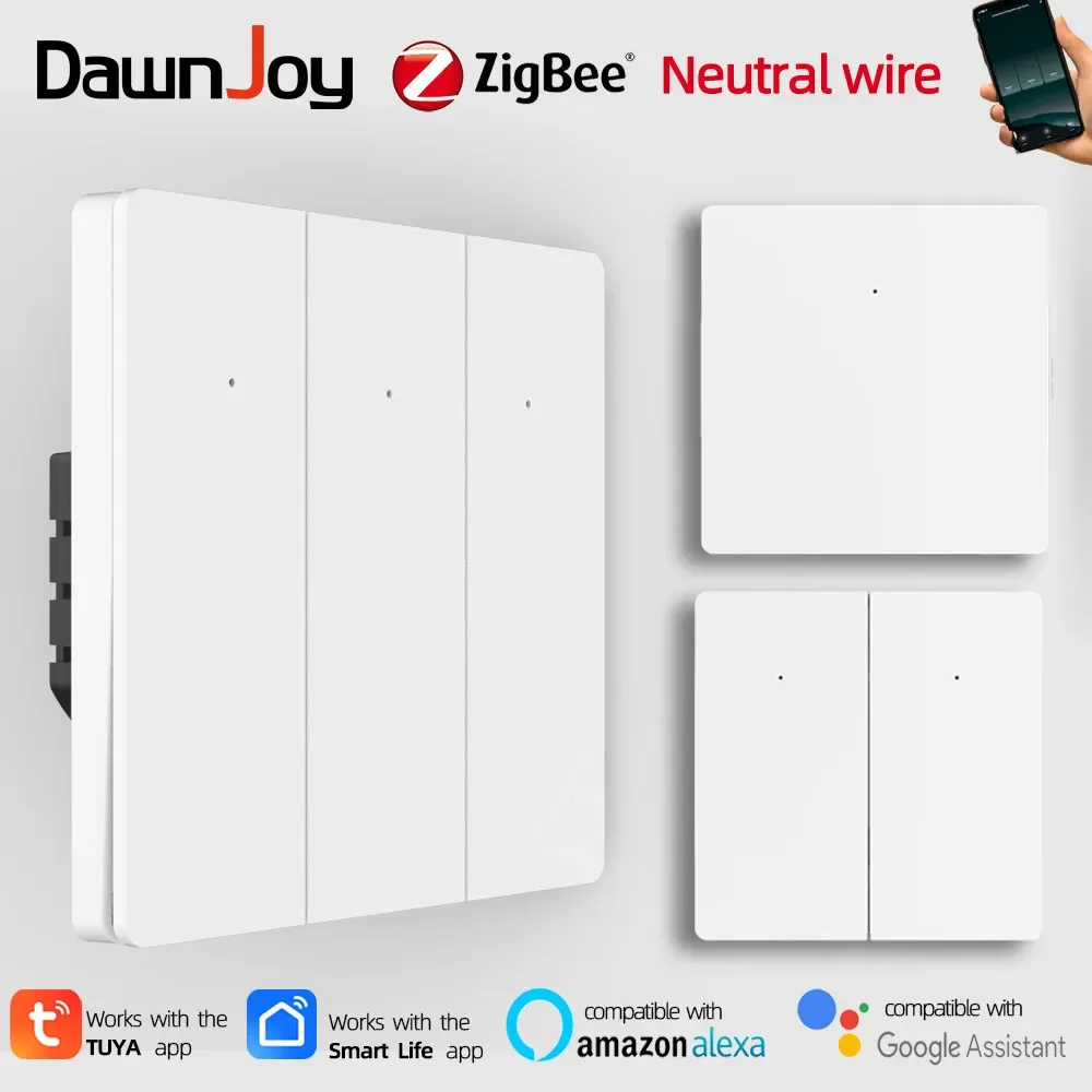 Dawnjoy zigbee smart switch wall light button switch neutral 1 2 3Gang tuya app remote share voice control with alexa googlehome