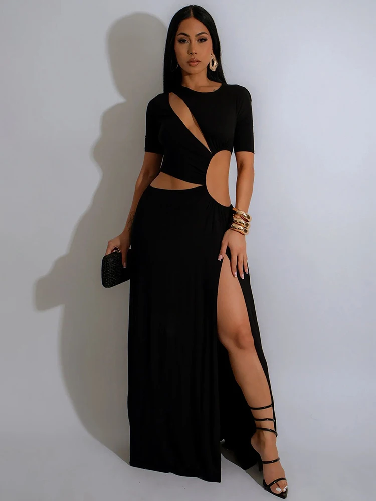 半袖セクシーレディースドレス、レディースカットアウトウエストサイドスリットドレス、パーティーイレギュラーネックロングイブニングドレス、サマー