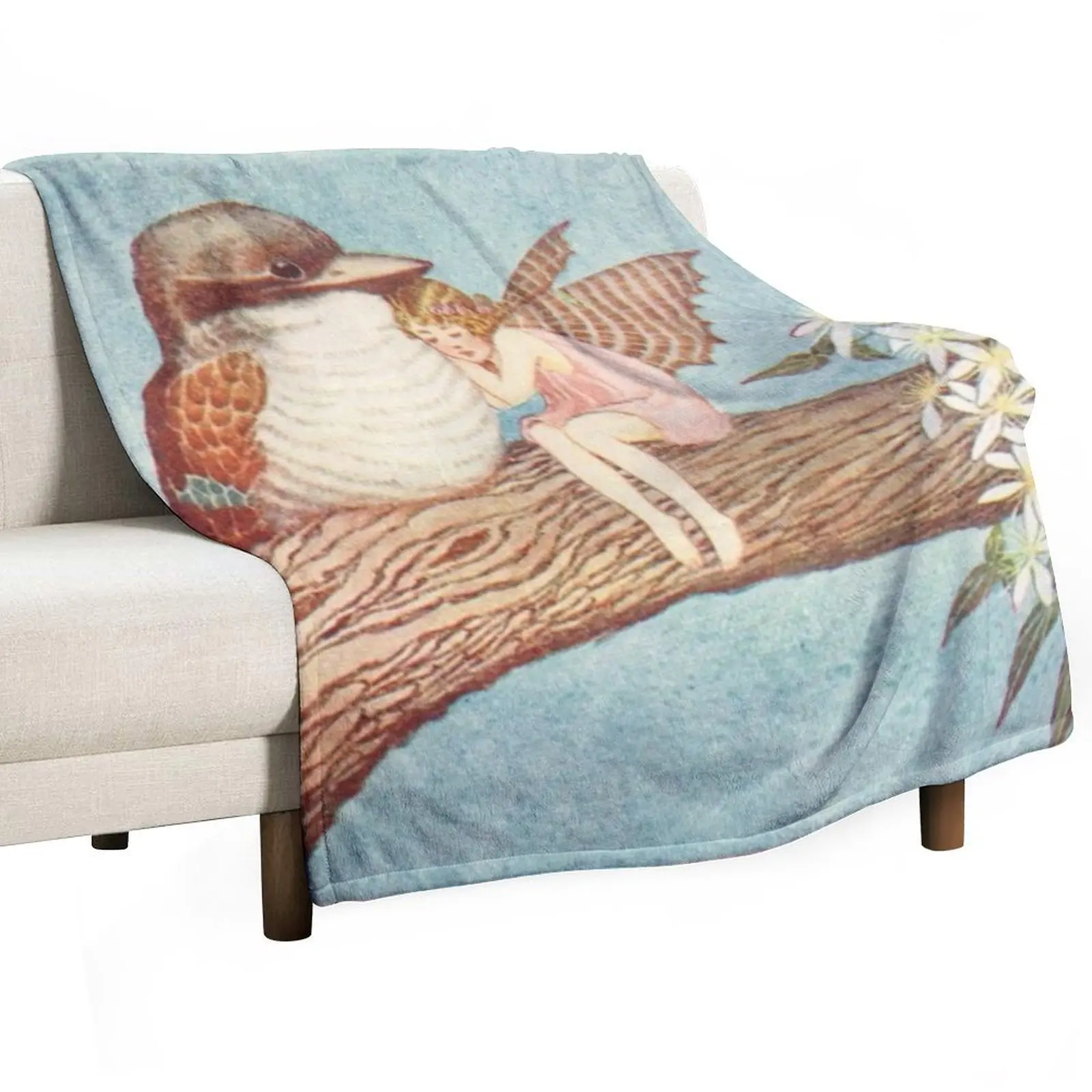 Ida Rentoul Outhwaite Vintage Fairy Cuddled Up Against Baby Kookaburra illustration Throw Blanket Luxury Brand Thermal Blankets