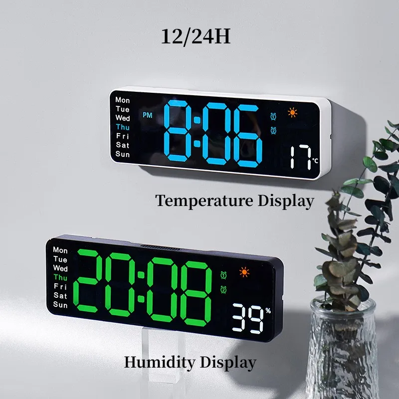 Large Digital Wall Clock Remote Control TEMP Humidity Week 2 Alarm Timing Countdown 12/24H DST Table LED Alarm Clock