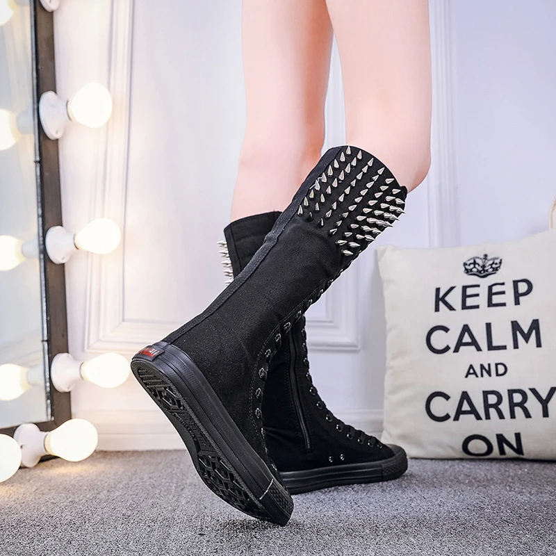 Women Canvas Boots Punk Rivet Shoes Slip On Flat Mid- Calf Sneakers Casual Comfortable Outdoor Soft Shoes Boot Plus Size 34-43