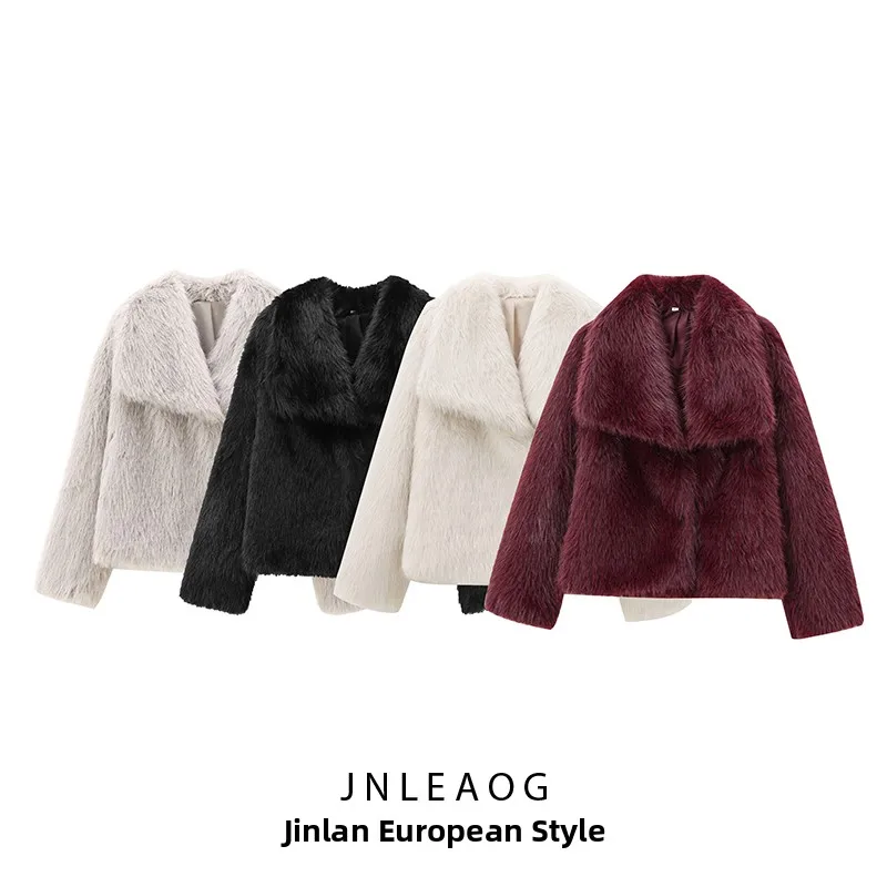 

JNLEAOG Autumn New Women's Fashion Design Sense Artificial Fur Effect Short Coat Polyester Standard Fit Long Sleeve Coat