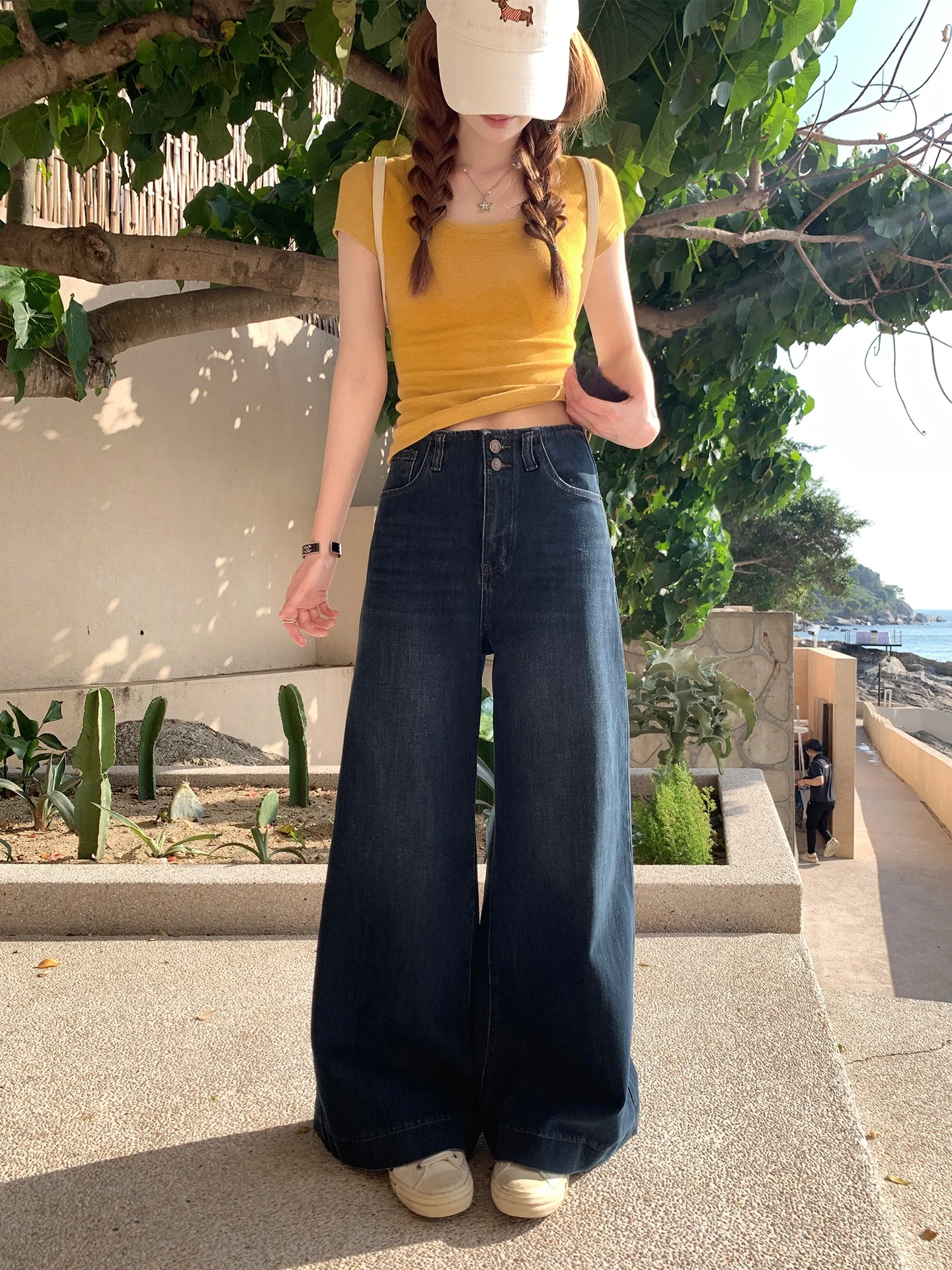 

Heavy Duty Retro High Waist Slimming Wide Leg Jeans Deep Blue New Style Women's Jeans Casual Cotton Blend Zipper Closure