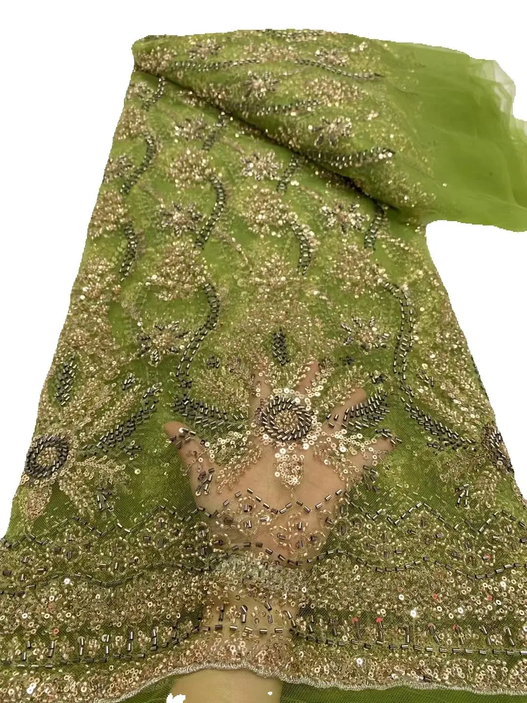 

Роскошная африканская сетчатая кружевная ткань с блестками, для шитья, одежды, бисера, тюля, свадебных платьев, вышивки, ткани по метрам, 5 ярдов