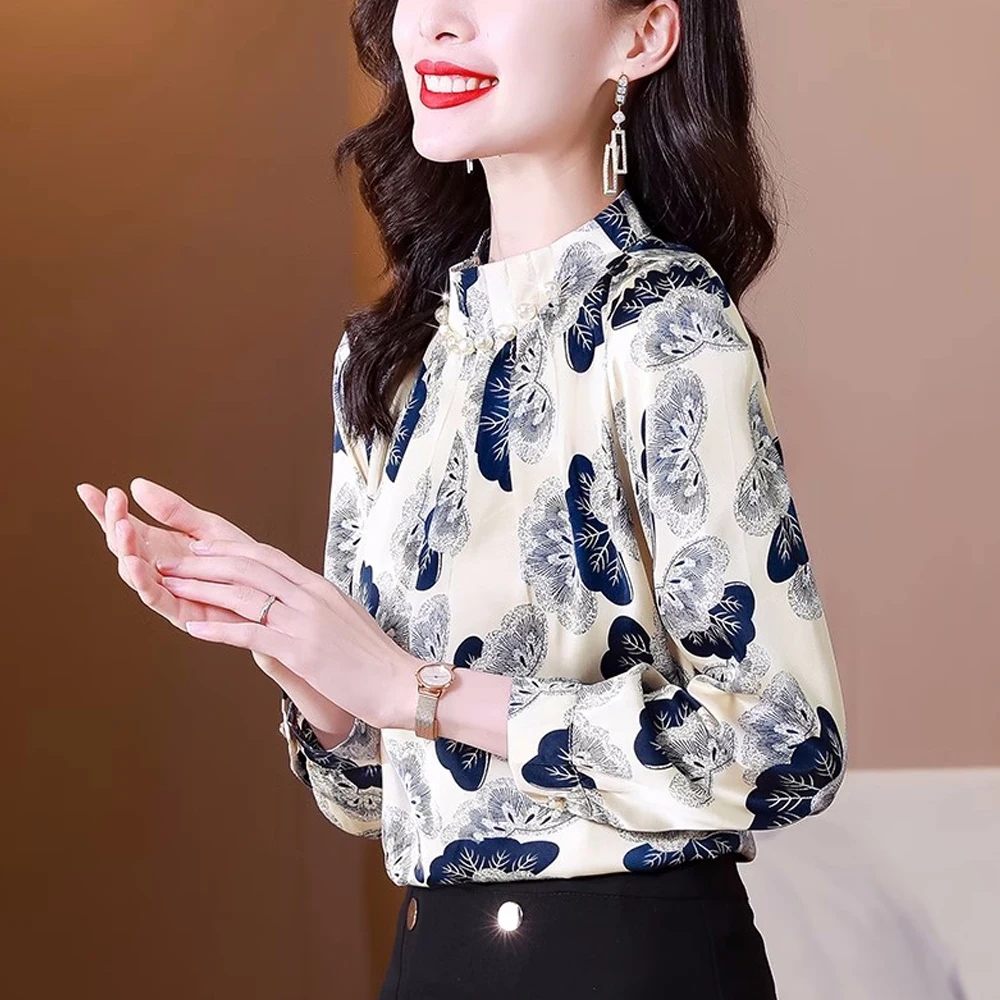 Fashion High Quality Women\'s Printed Blouses And Shirts Long Sleeve 2024 Autumn Tops Elegant Korean Style Beaded Casual Clothing