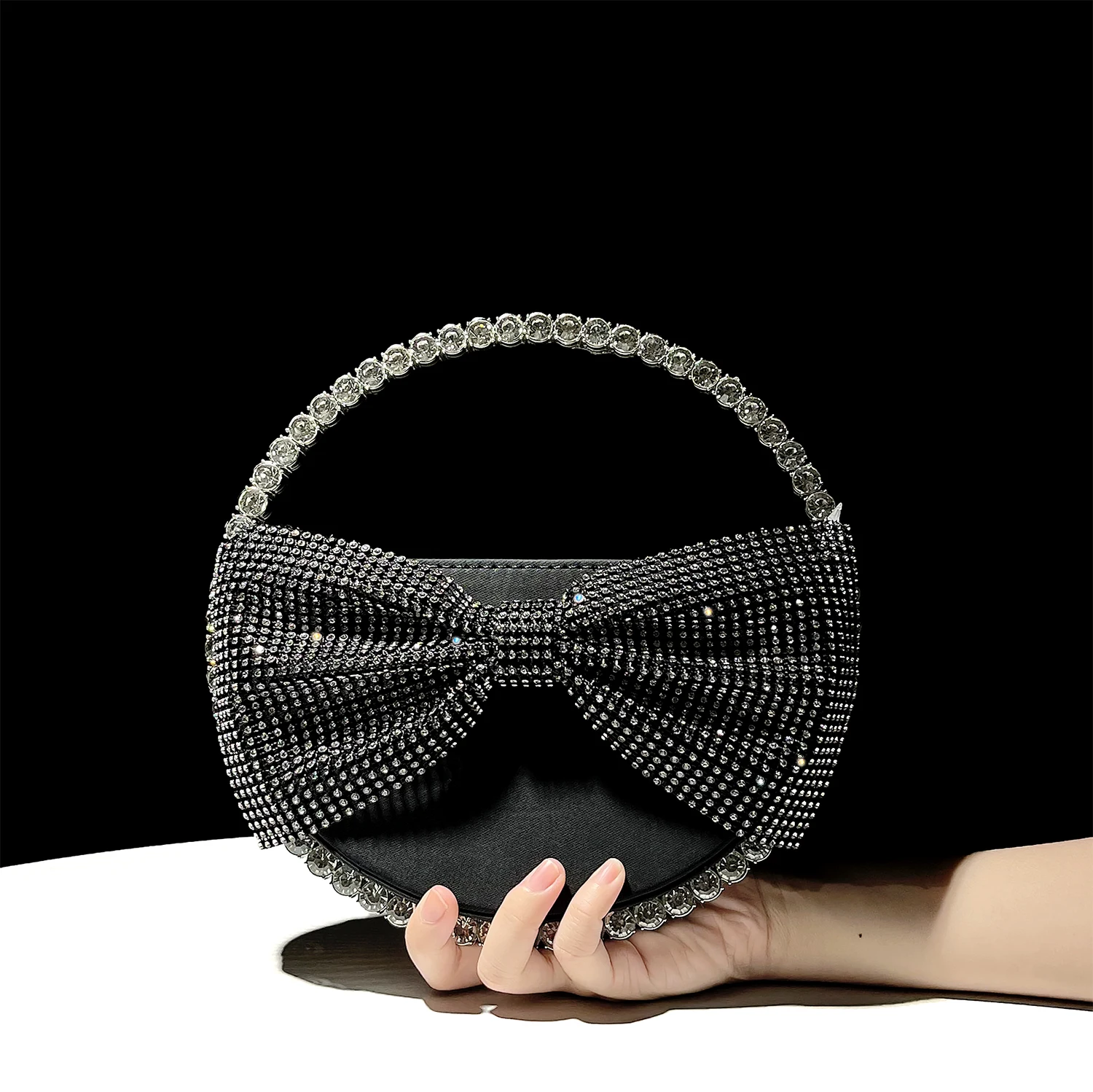 Metallic Handle Satin Evening Bag Crystal Rhinestones Diamond Bow Knot Circular Bag Women's Handbag Wedding Party Clutch Purse