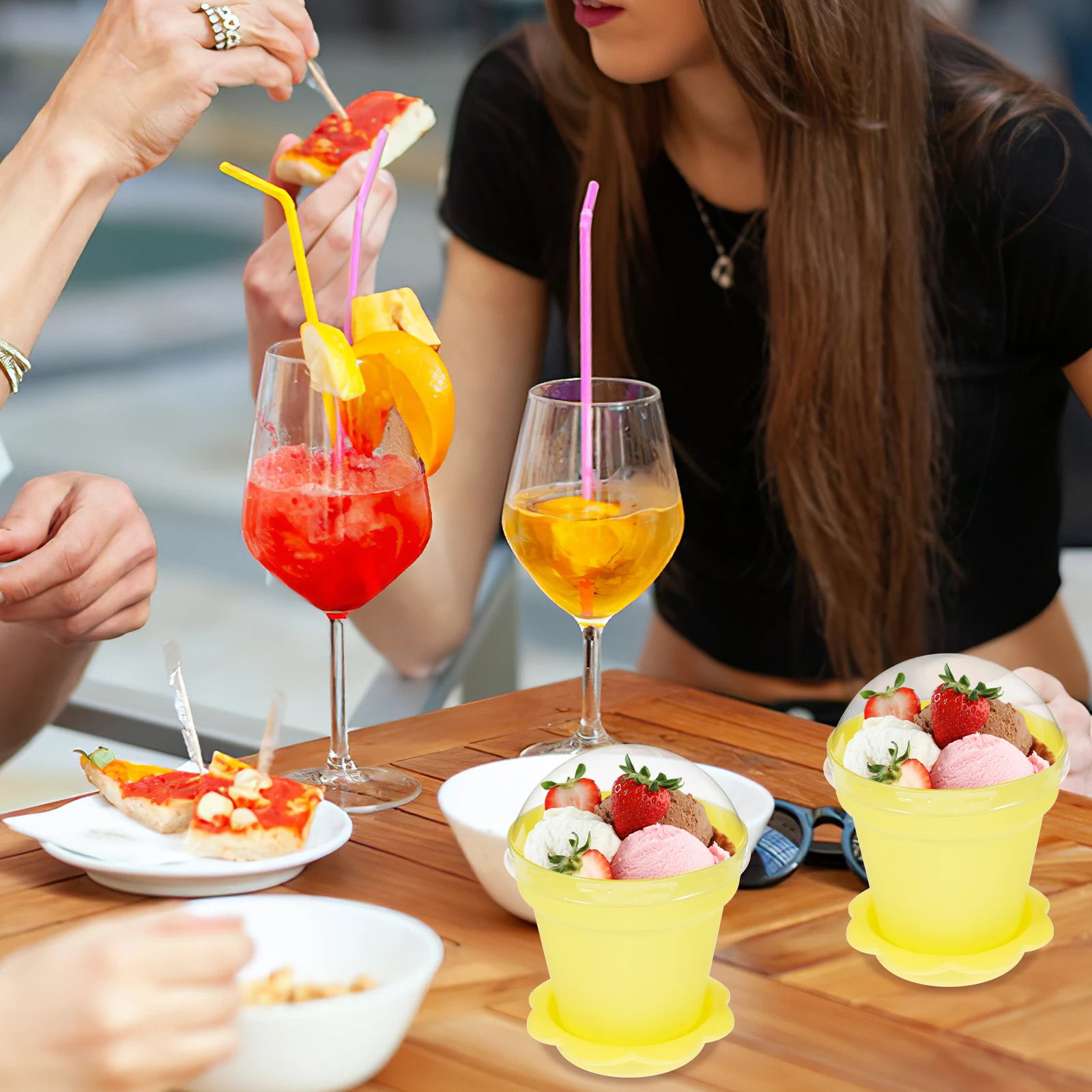 

20Pcs Creative Flower Pot Cake Cups Plastic Dessert Containers Yellow Lid Spoon Suitable for Yogurt Jelly Mousse