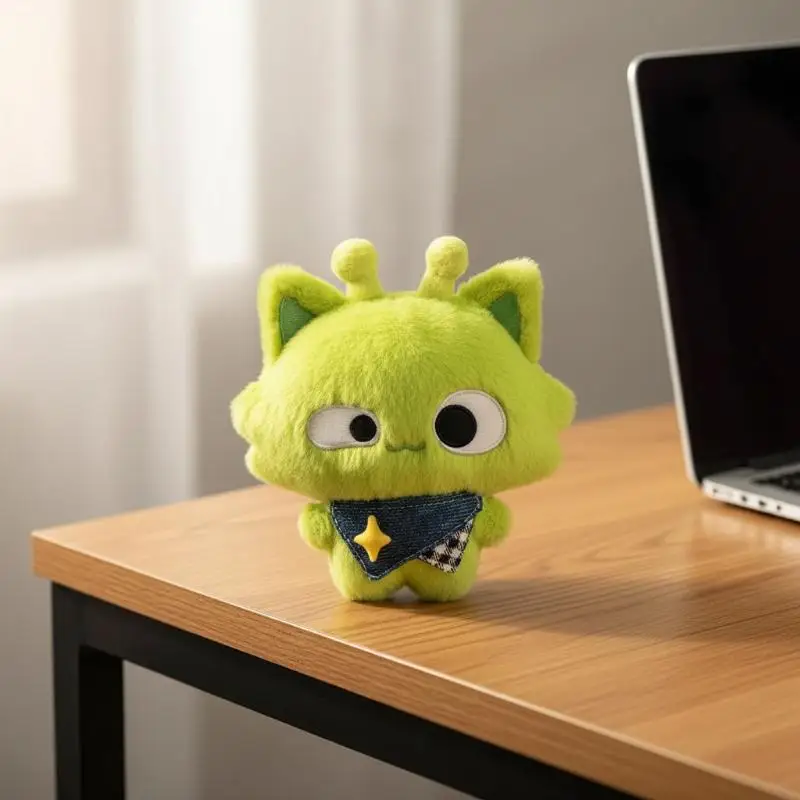 Soft Alien Cat Plush Keychain 1Pcs Fluffy Stuffed Pendant with Green Bib Adorable Bag Hanging Decor