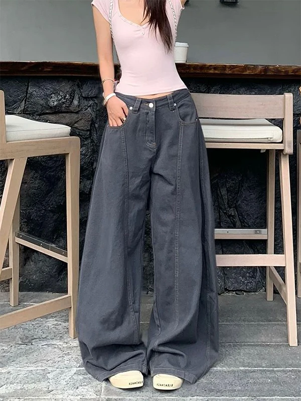 กางเกงยีนส์ทรงหลวมสไตล์วินเทจแบบอเมริกันสำหรับผู้หญิง ทรงขากว้าง ใส่สบาย เหมาะสำหรับฤดูใบไม้ร่วง
