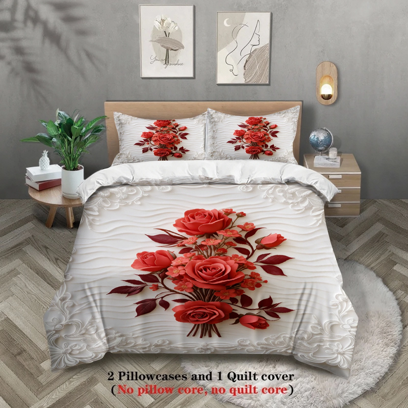 Elegant Rose Embroidered Bedding Set White Floral Pattern Bedding With Duvet Cover & Pillowcases For Bedroom Decor
