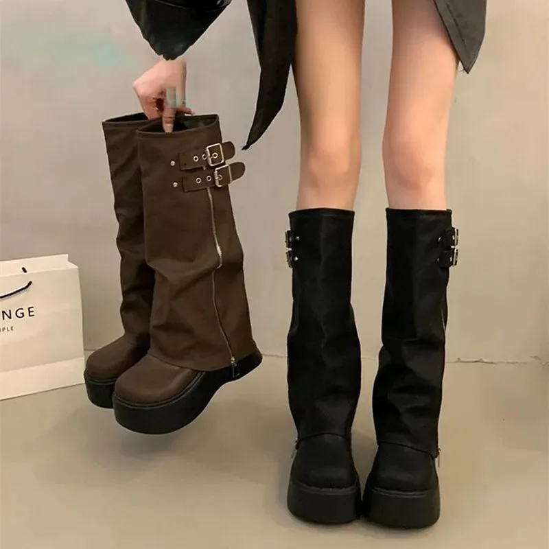 

High Quality Women Boots Thick Soled Boots Western Knight Boots Luxury Women Shoes Autumn Winter Knee Length Slim High Tube Boot