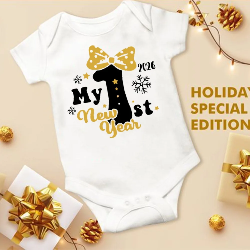 سنة جديدة سعيدة 2026 الوليد ارتداءها الطفل 1st السنة الجديدة حفلة طفل الزي عطلة الملابس صبي فتاة قصيرة الأكمام بذلة #6