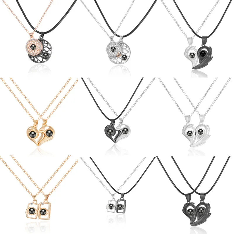 Couple magnetic attraction necklace, love splicing sun and moon projection 100 languages I love you set