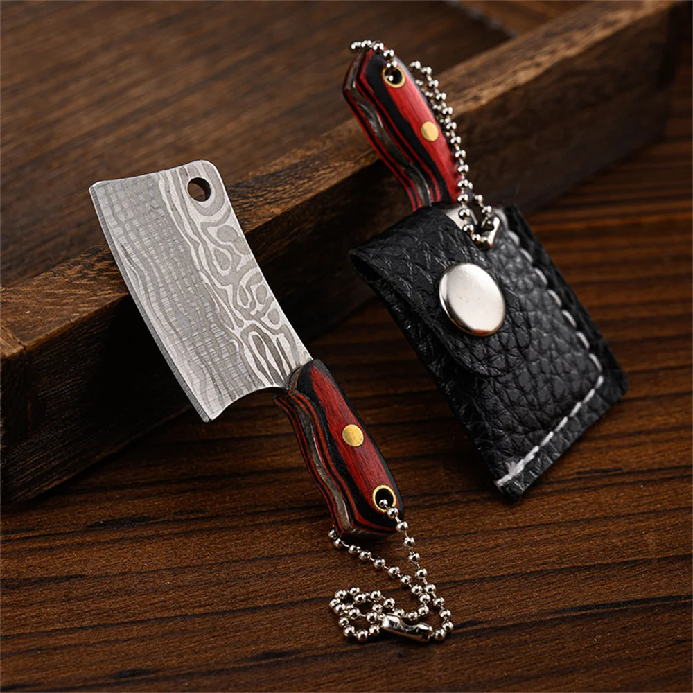 Portable Mini Keychain Kitchen Knives Pendant With Leather Case Wood Handle Stainless Steel Key Chains Outdoor Cutting Tools view 3