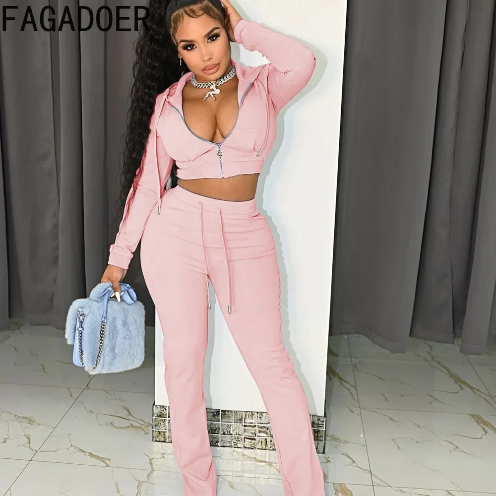 FAGADOER Autumn Winter Solid Color Hooded Tracksuits Women Zipper Long Sleeve Crop Top Skinny Pants Two Piece Sets Outfit 2023