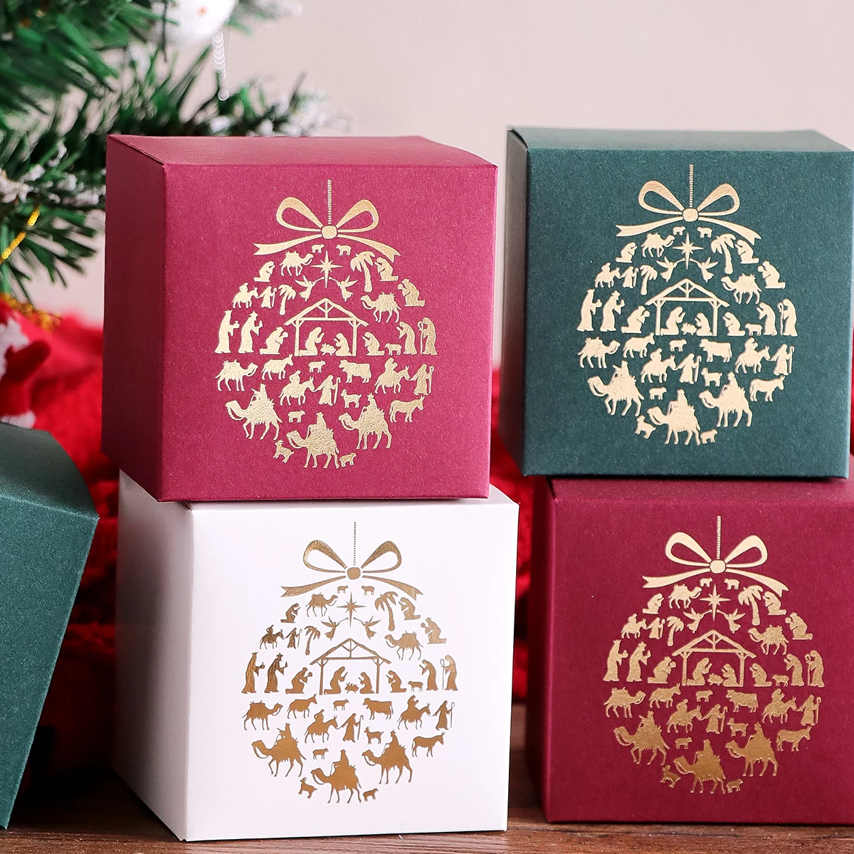 5 Stück/Packung Bunte Mini-Geschenkboxen, Dekorative Süßigkeitenboxen mit Goldfolienmustern, Party-Geschenktüten, Weihnachtsabend-Dekorationen – Detail 1