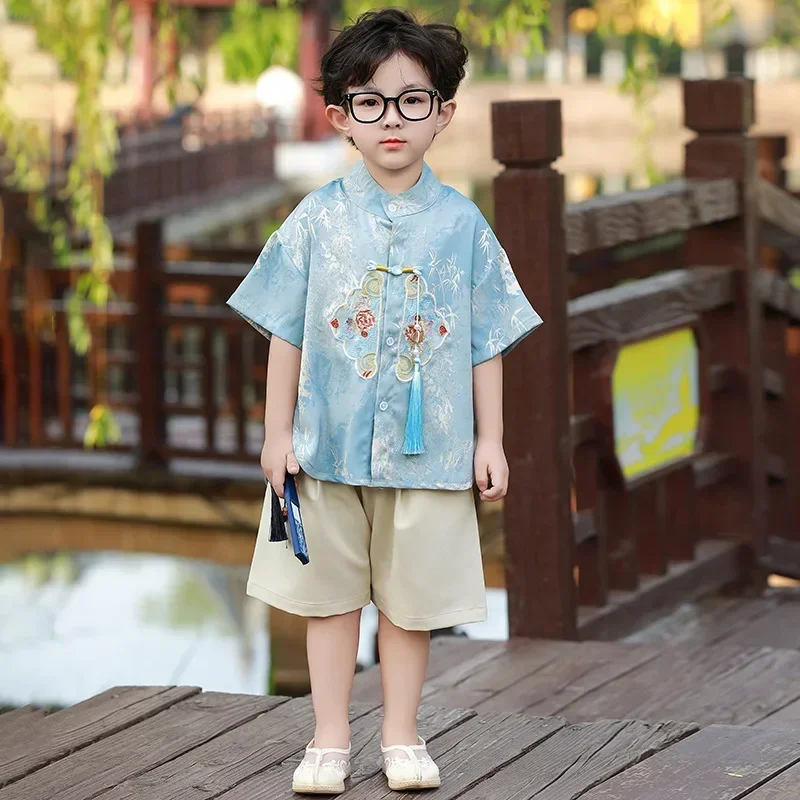 

Летняя одежда с короткими рукавами для мальчиков, стильный комплект из двух предметов, милые детские шорты в китайском стиле, Новое поступление для детей