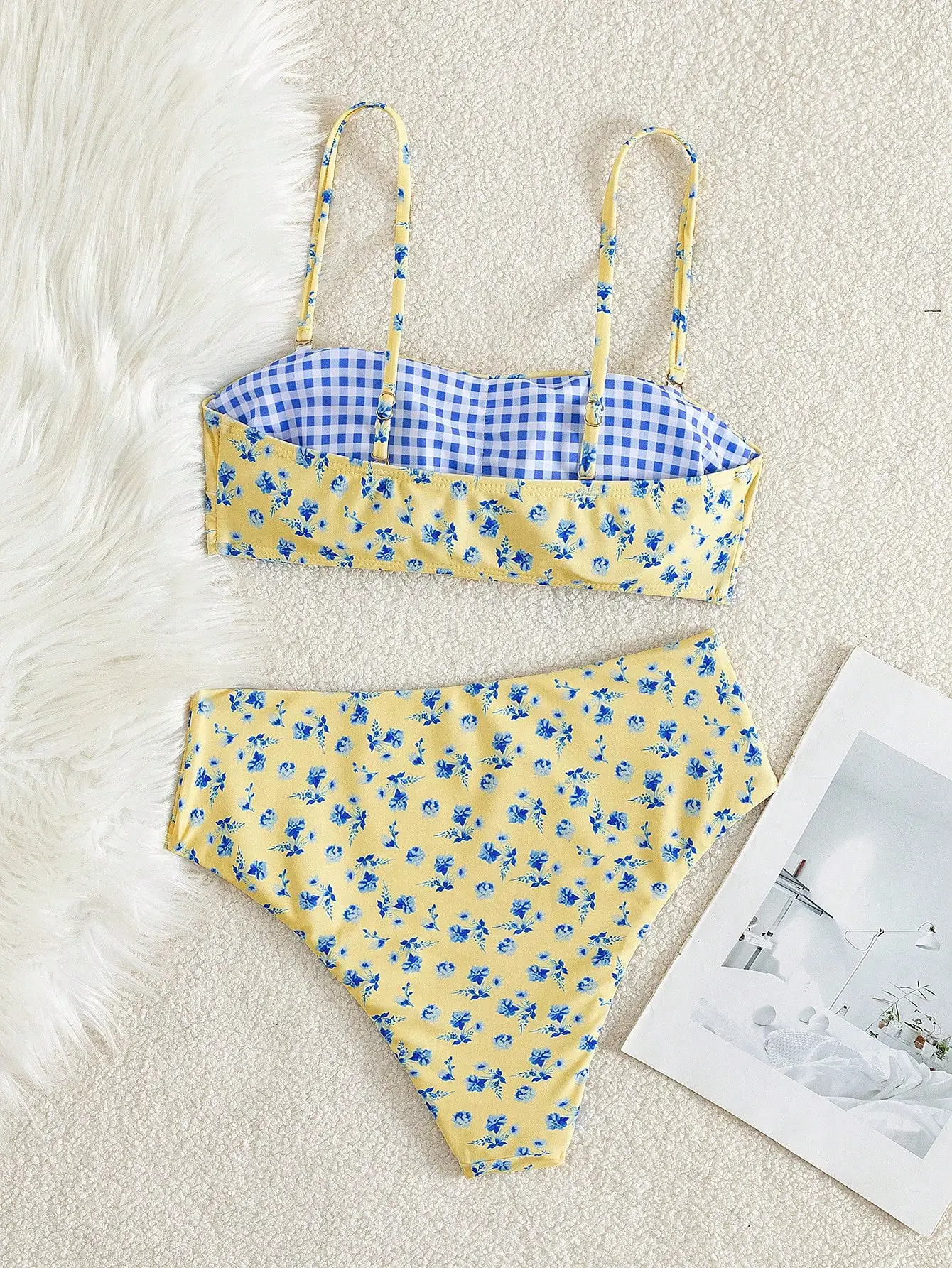 

Reversible Floral Print Asymmetrical Shoulder Bikini Set Yellow Blue Gingham Summer Beach