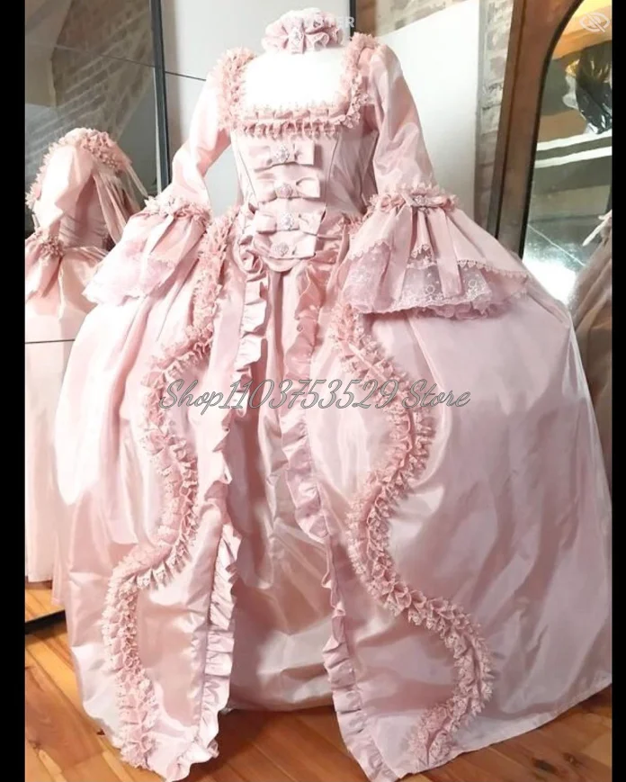 Romantic Pink Victorian Prom Dresses Delicate Bowknot Square Neck Lace Corset Fluffy Ruffled Lace Rococo Evening Gown Customised