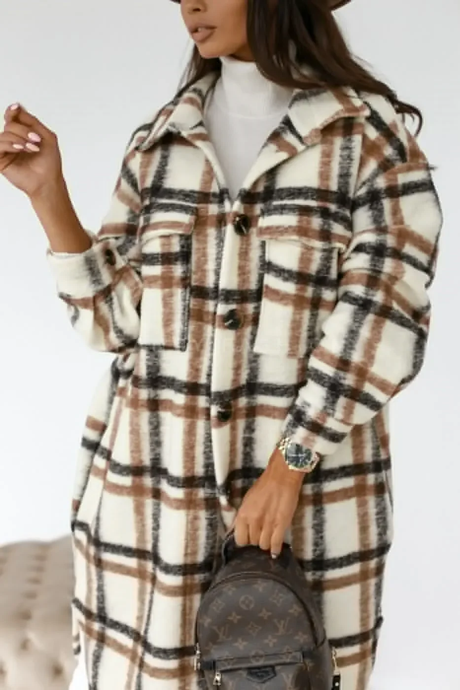 Women Plaid Long Shacket Lapel Button Down Pocket Oversized Loose Wool Blend Coat Fall Winter Casual Jacket