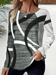 Women's fashionable round neck geometric printed long sleeved top