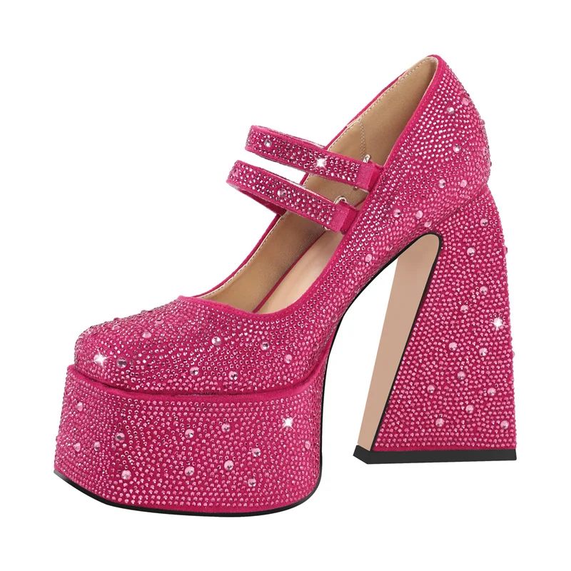 Onlymaker Women Platform Pumps Mary-Jane Rhinestone Chunky High Heels Ankle Strap Dress Party Punk Shoes
