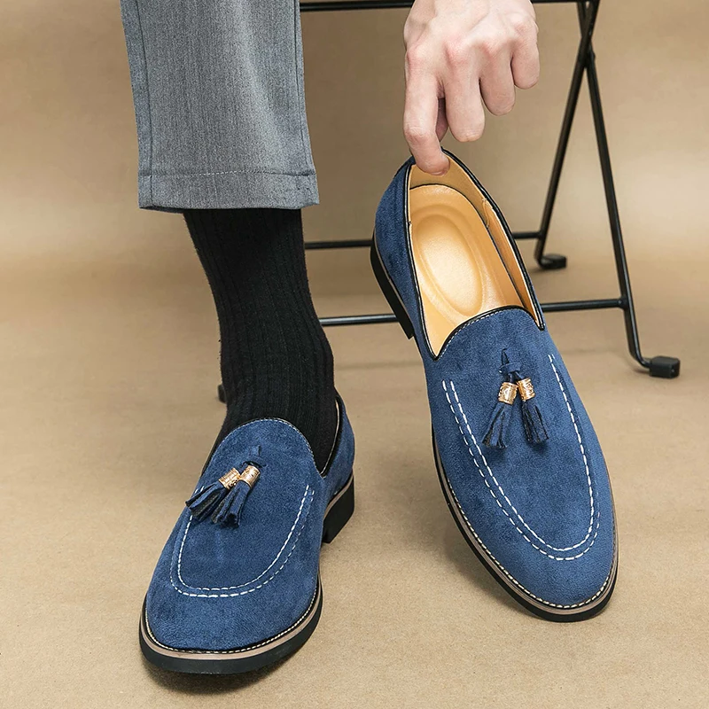 

New Fashion Tassel Leather Men Shoes Slip On Loafers Round Toe Patchwork Suede Dress Shoes Man Daily Wedding Party Shoes for Man