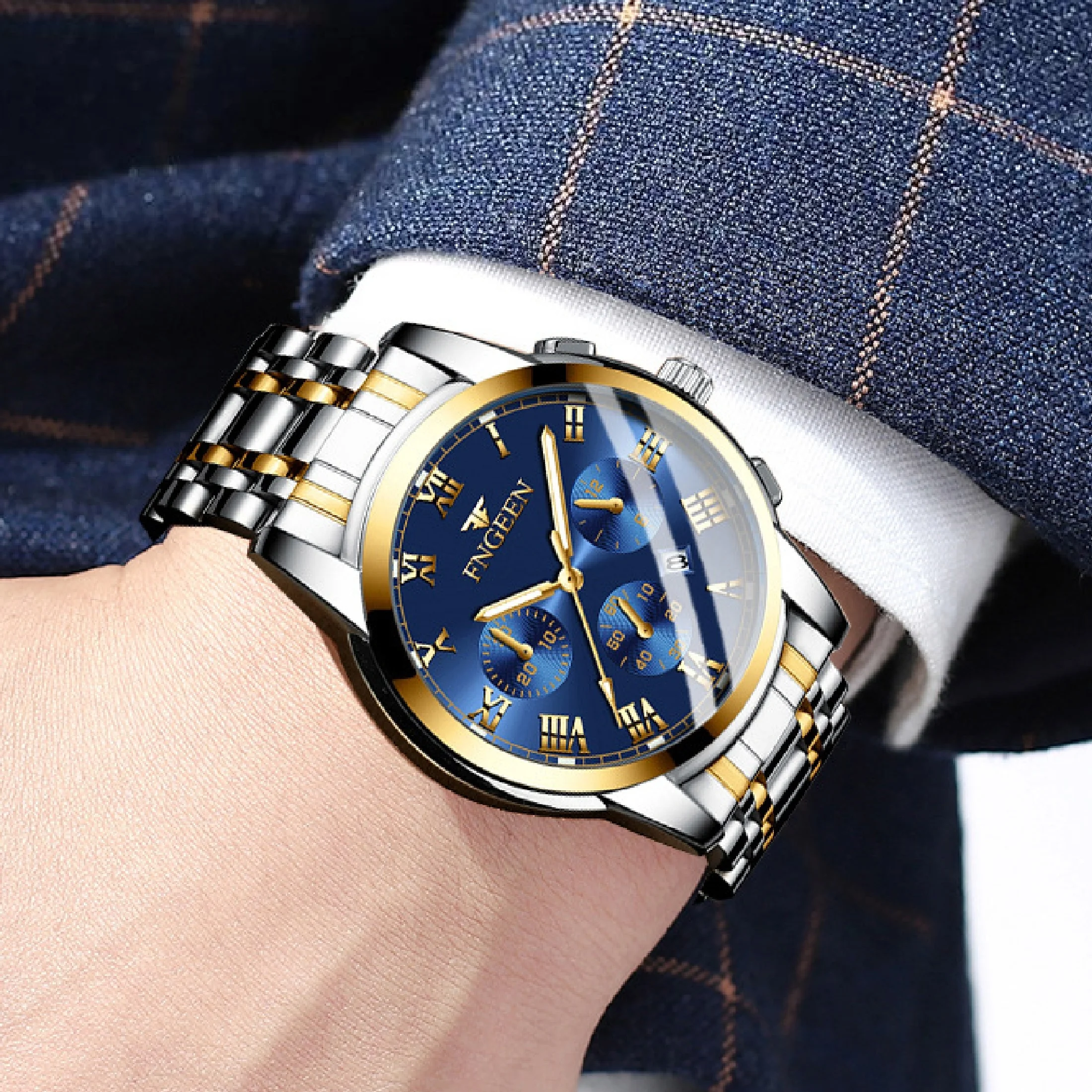 Men's stainless steel watch room gold strap blue dial Roman scale luminous pointer waterproof quartz watch 4006