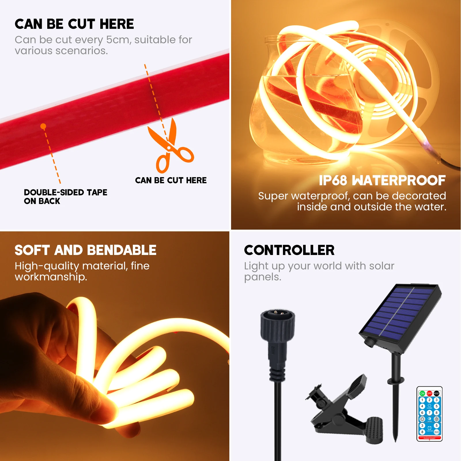 12V Solar Neon Light Strip Waterproof IP68 Remote Control Kit Ribbon Tape 320LEDs/M Warm Natural White Flexible Linear Lighting