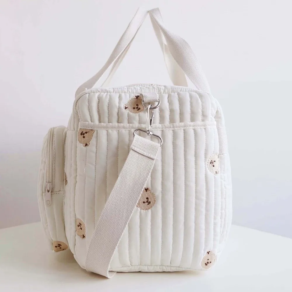 Embroidered Tote Large Capacity Diaper Organizer Multi-pocket Quilted Cotton Mommy Bag Zipped Soft Travel Handbag Daily Outing