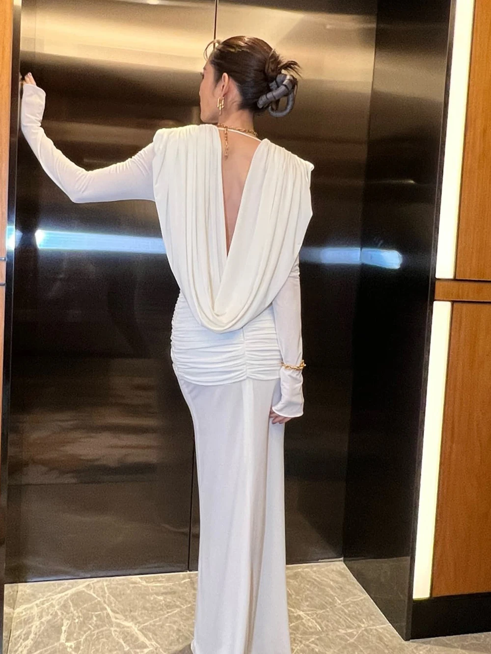 جديد نقي الأبيض الفرنسية الرجعية مطوي فستان طويل عميق الخامس فستان التخسيس بأكمام طويلة فساتين العشاء الطرف #5