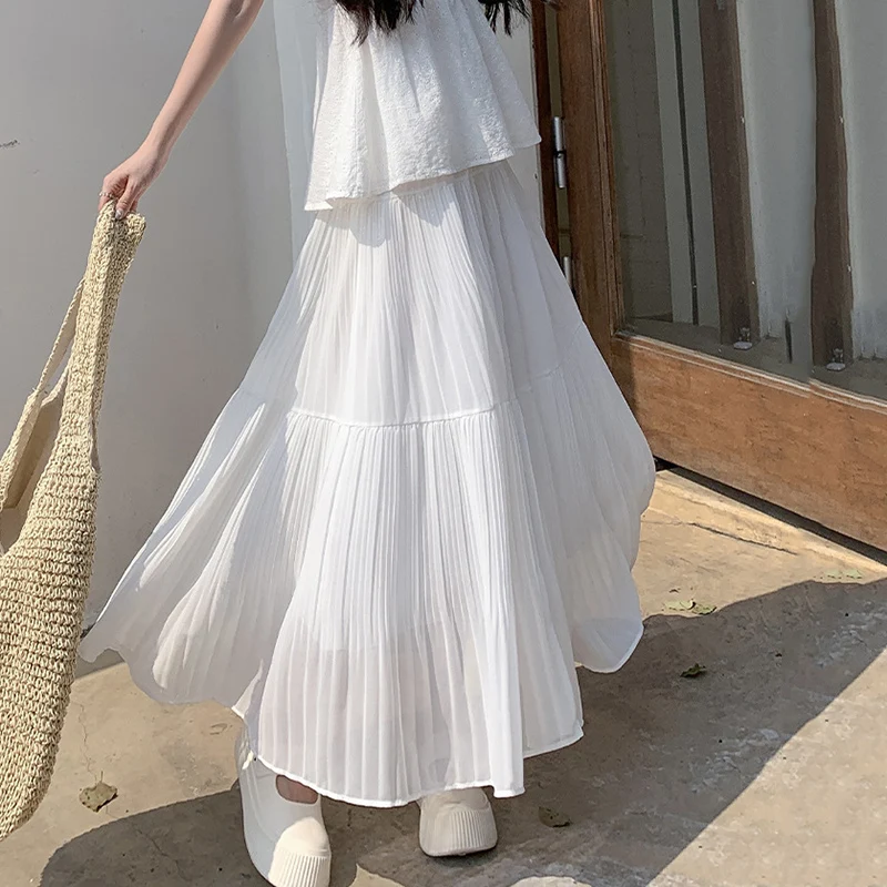 

Korean Sweet Pleated Long Skirt Women 2025 High Waist Summer Chiffon Skirts Woman Elegant Solid Color A Line Midi Skirts Female