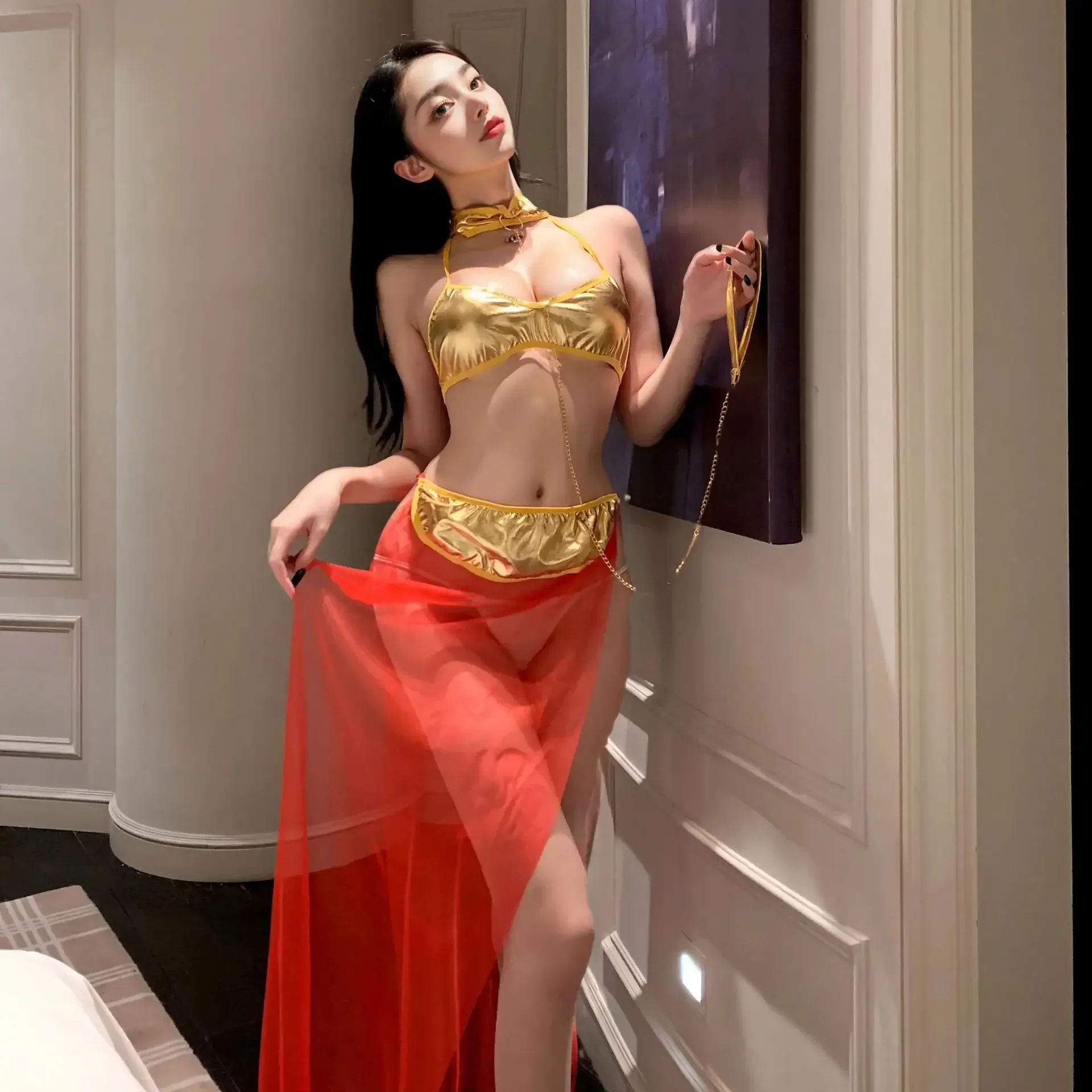 369 Bibi مجموعة فستان ماكسي شيفون مغر بفتحة جانبية غريبة بقماش شفاف وملابس داخلية لامعة زي لعب الأدوار