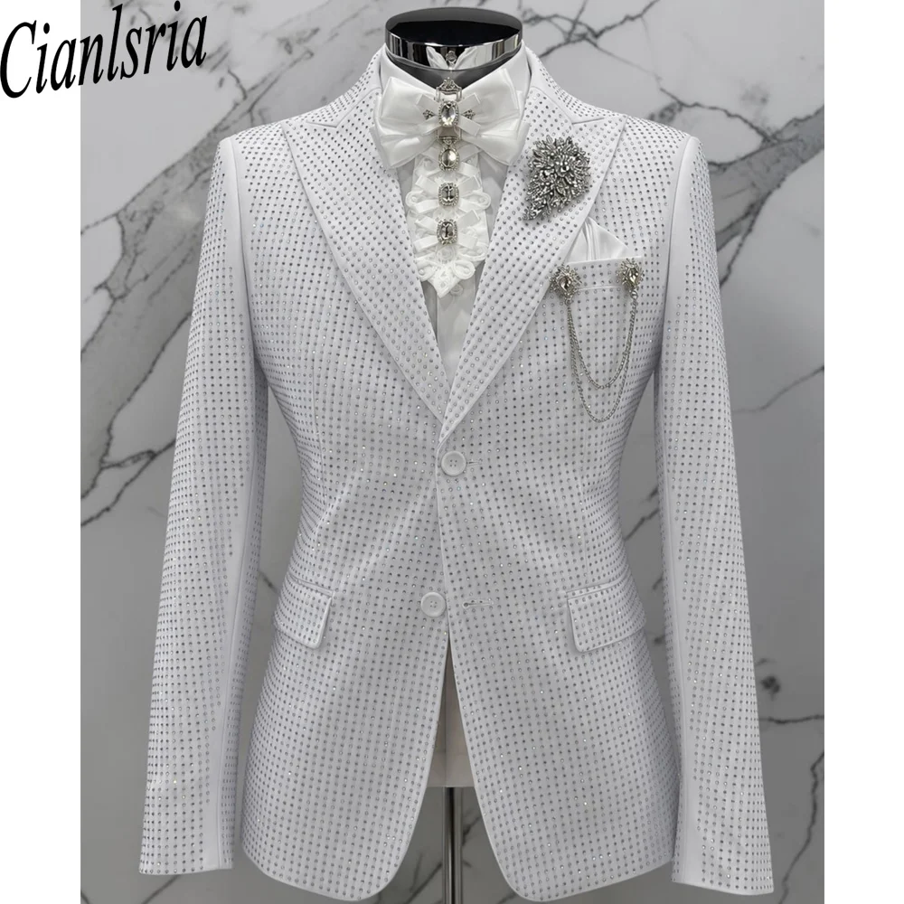 Men's Luxury White Crystal Embellished Blazer Ruffle Collar Tuxedo Jacket with Bowtie & Brooch  Stage Performer Prince Costume
