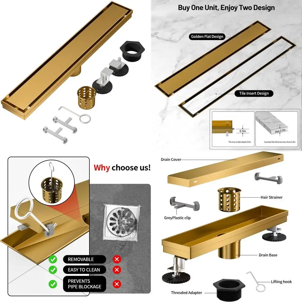 

Gold 48-Inch 304 Stainless Steel Linear Shower Drain with Hair Strainer and Adjustable Feet for Invisible Floor Installation