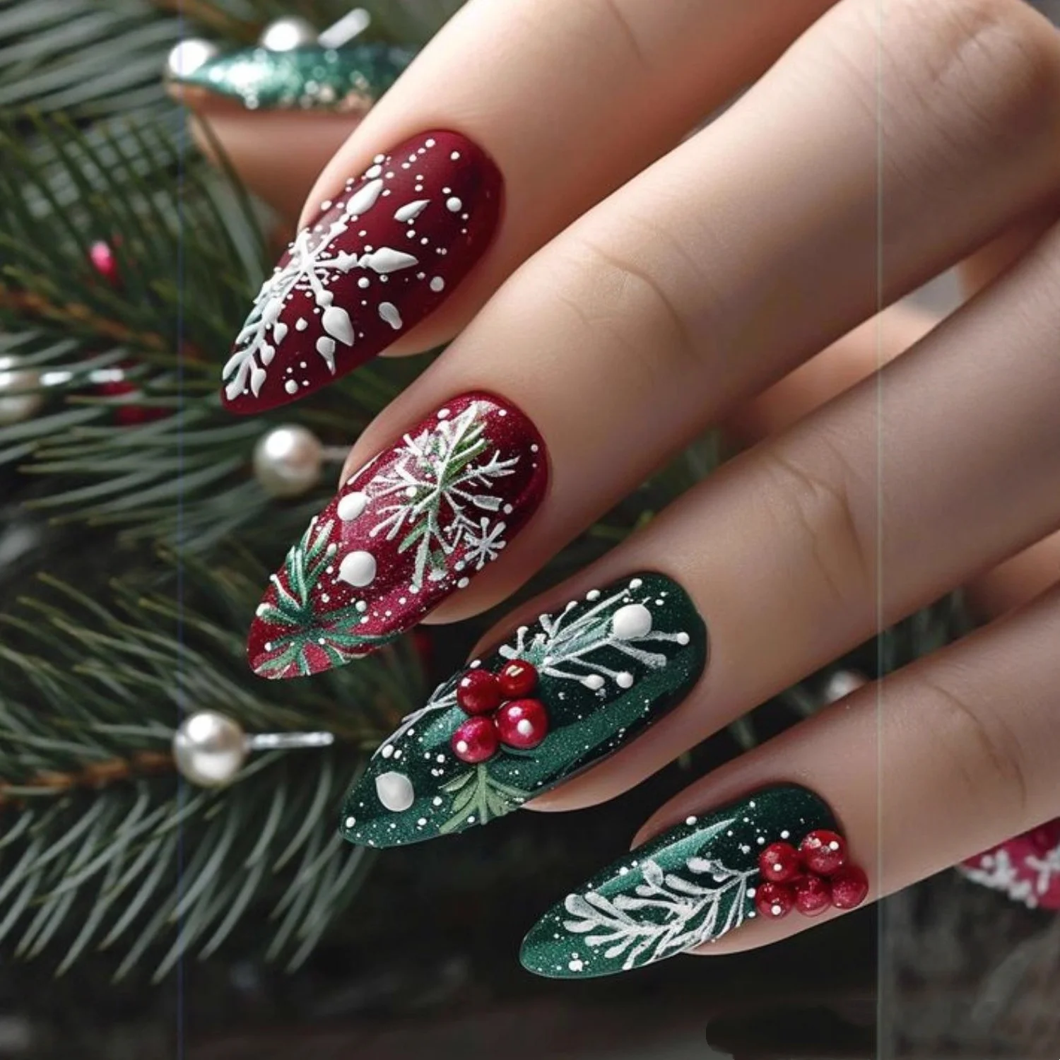 24 stuks sneeuwvlok glanzend poeder groen volledige dekking nagels tips kunst rood fruit nep nagel middellange amandel herbruikbare druk op kunstnagels