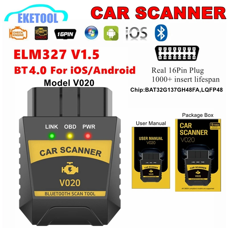 

ELM327 V1.5 New V020 Bluetooth 4.0 For iOS/Android Car Coder Reader Engine Error OBDII Auto Diagnostic Tools ELM 327