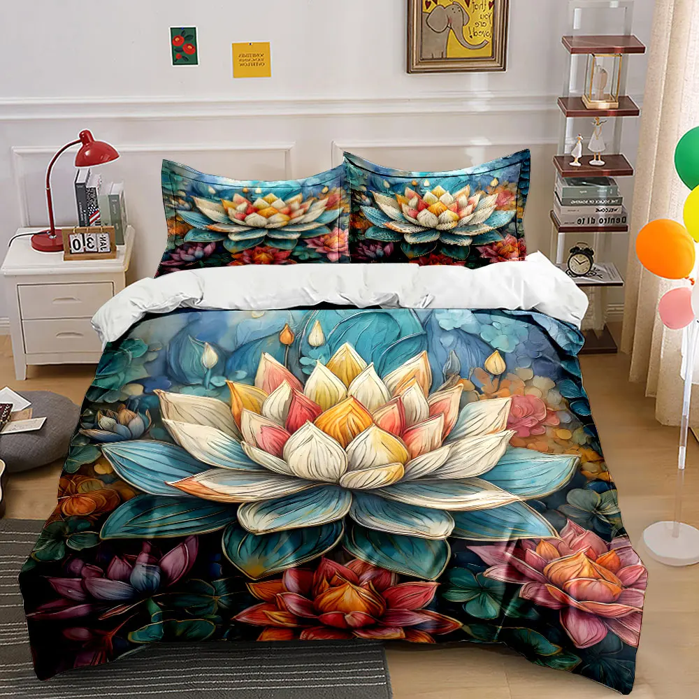 Colorful lotus with vibrant leaves Print Bedding Set 1 Duvet Cover 2 Pillowcases for Adult and Children Luxury Gift Full Size