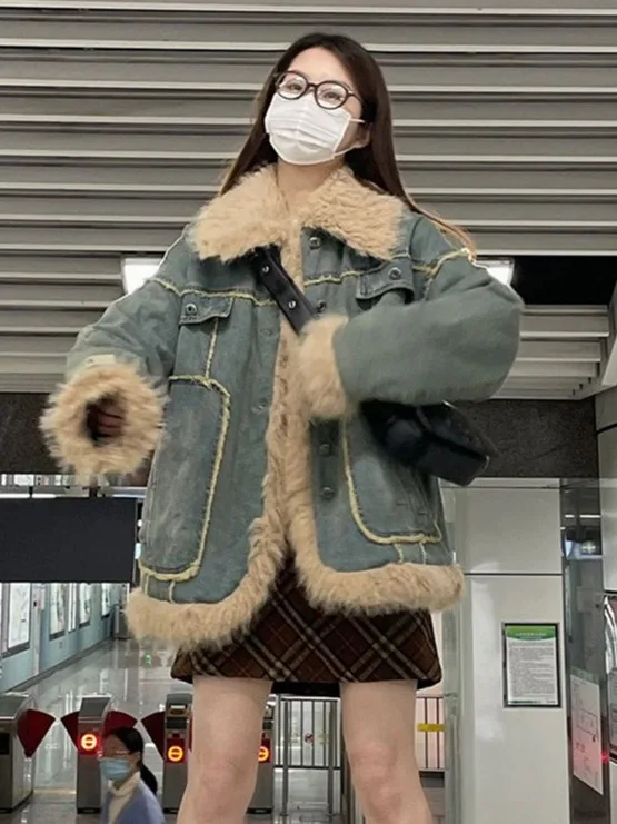 

Ретро-куртка из утолщенного хлопка с меховым воротником, зимнее теплое хлопковое пальто с длинными рукавами, воротником-стойкой и застежкой на одну пуговицу