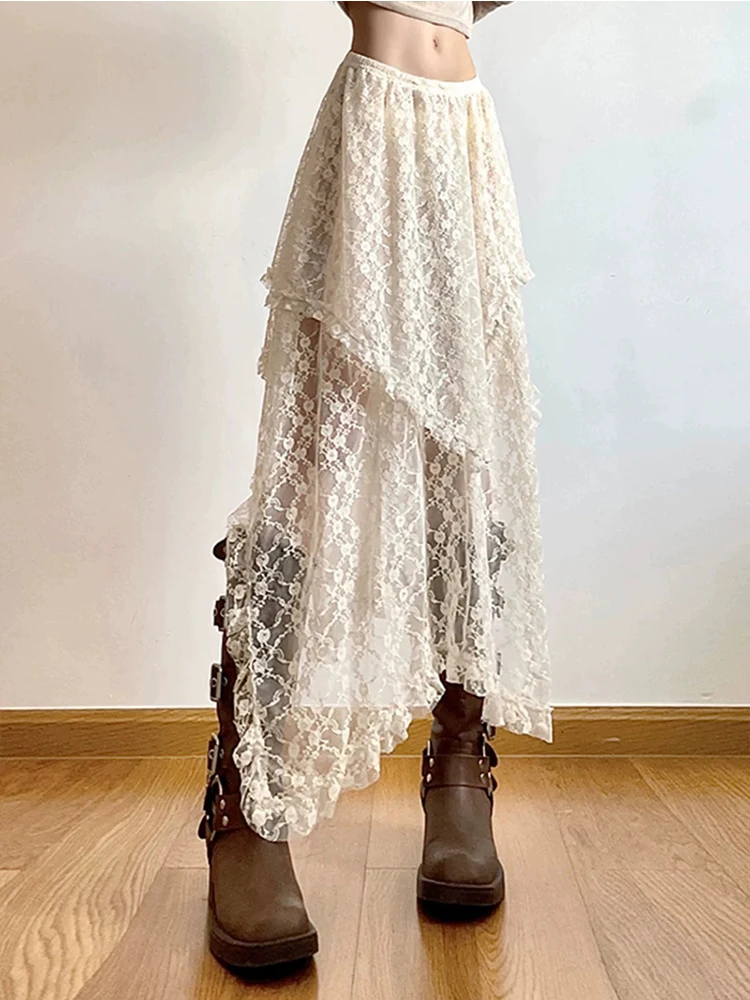 Spicy Girl Irregular Lace f Skirt Women's Summer New Design Layered Apron Versatile Drapey Lace Skirt Korean Sle Commute