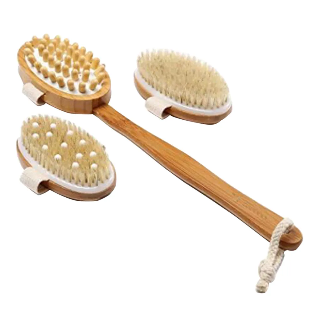 Set 3 Brushes 1 Handle Long Length Essential Oil Massager Dry Brush Cellulite Removal Lymphatic Detox Body Tool