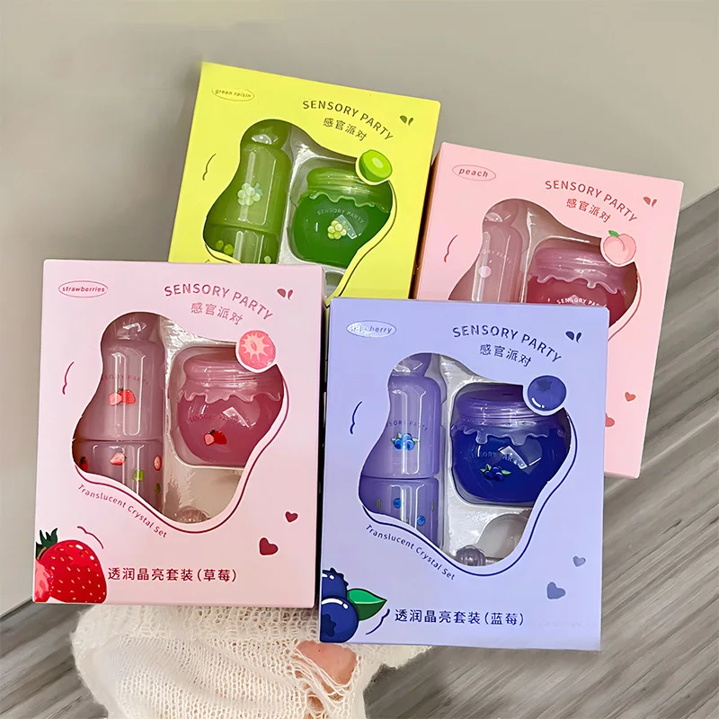 Juego de bálsamo labial hidratante, brillo de labios hidratante ligero de melocotón y arándanos, alivia la sequedad y elimina la piel muerta, calmante para los labios tiernos