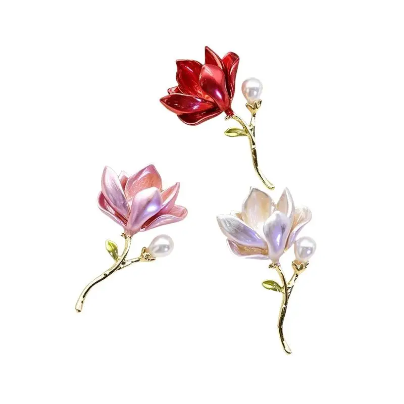 1Pcs Enamel Pearl Flower Plant Brooch Exquisite Pink Magnolia Flower Brooches For Women Lady Elegant Accessories Party Jewelry