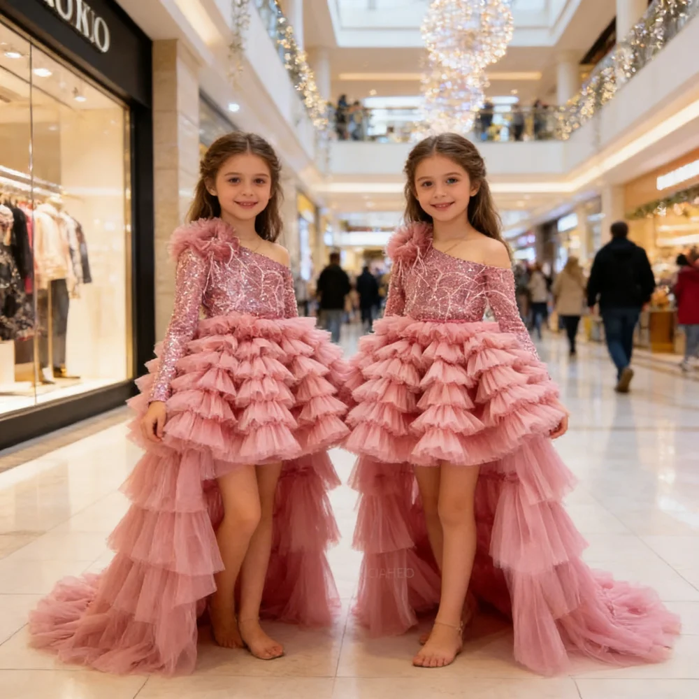 Kids Girl Party Princess Dress with Train Children Piano Girl Wedding Evening Party Celebration Performance Pageant Gown Flower