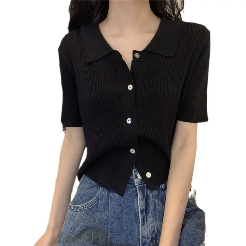 

Women's Slimming Cardigan Polo Collar Gray Short-Sleeved Knitted T-Shirt Versatile Summer Top for Wholesale