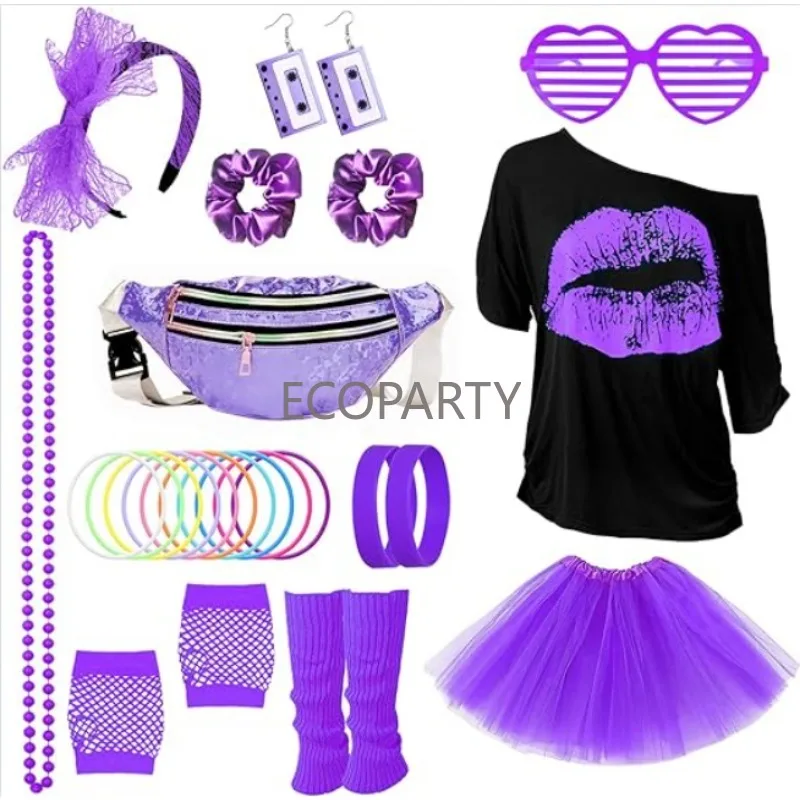 Fancy Dress Party Girl, T-Shirt, Tutu, Bumbag, Headband, Brinco, Colar, Luvas, Aquecedores de Pernas, Óculos, Anos 80